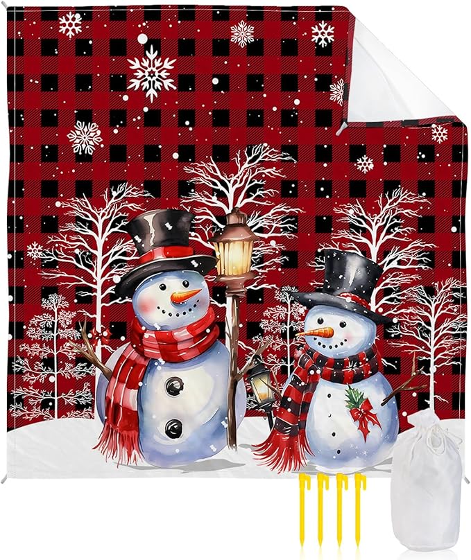 Beach Blanket Waterproof Sandproof OversizedCartoon Snowman Red Buffalo Check Beach Mat with Corner Stakes Sand PocketsSnowflakes Snow Tree Outdoor Picnic Mat for Travel Camping Hiking 95x80In
