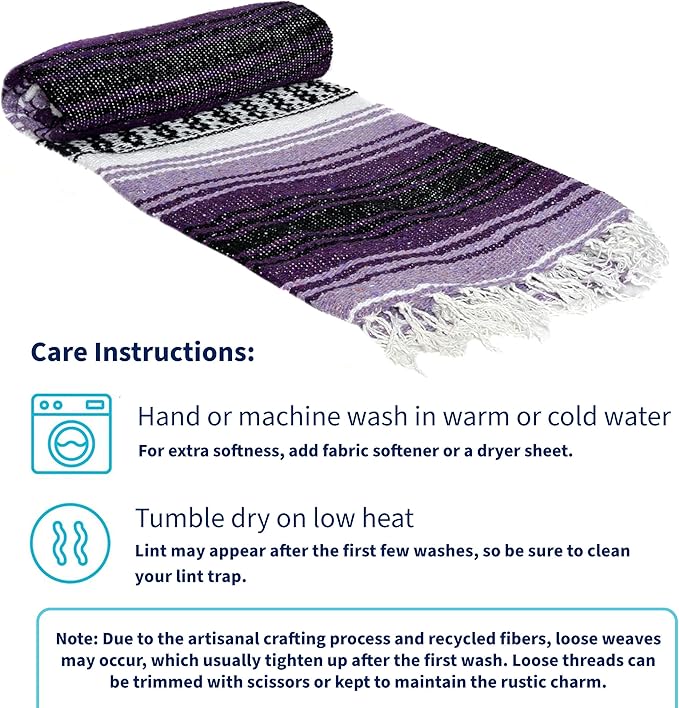 La Montana Mexican Blankets and Throws 4 Pack 74x50 - Made in Mexico Lightweight Yoga Blanket for Schools Studios Outdoors Camping Picnic Decor - Washable Dark Purple/Light Purple/White