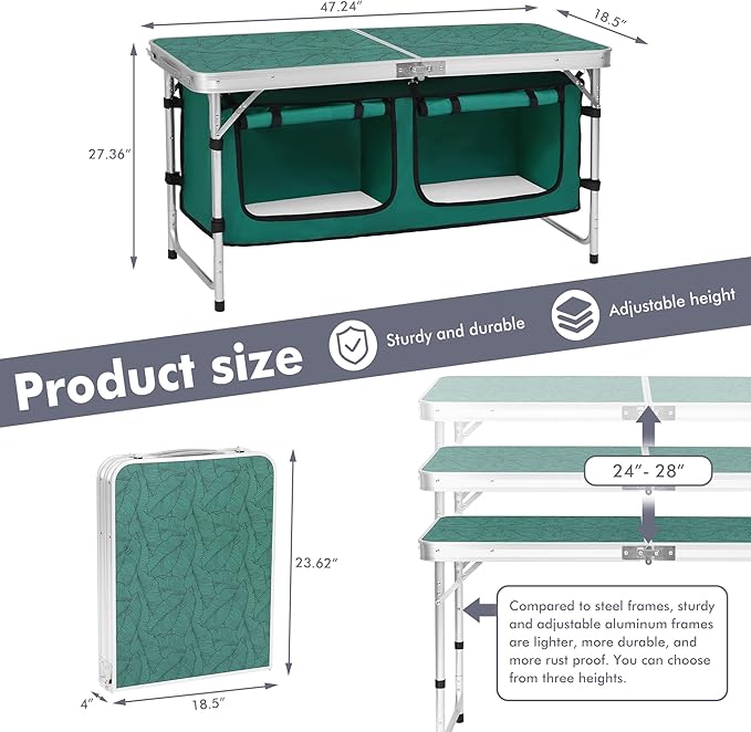 Camp Field Camping Folding Aluminum Table with Adjustable Legs for Outdoor Travel Beach Backyards BBQ Party and Picnic Foldable Table