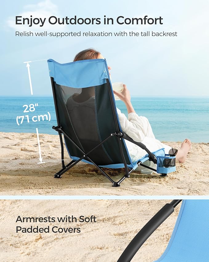 SONGMICS Set of 2 Portable Beach Chairs for Adults Max. Load 330 lb Each High Backrest Cup Holder Lightweight Heavy-Duty Light Blue UGCB067Q01V1