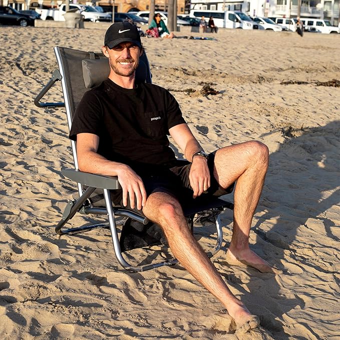 ICECO Bora High Back Beach Chairs for Adults 5 Positions Reclining Beach Chair with Headrests Folding Beach Chair with Cup Holder &amp Storage Bag for Beach Pool Patio Capacity 500lbs