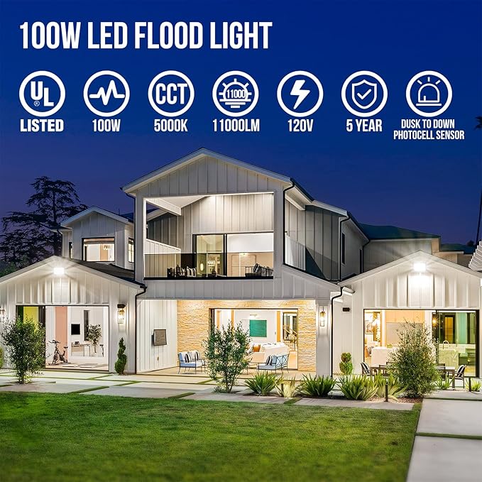 GKOLED 2 Pack 100W LED Flood Lights Outdoor Dusk to Dawn Security Light with Anti-Glare Guard 120V 5000K 11000LM Waterproof Landscape Lighting Aluminum 1/2 Knuckle Mount UL Listed