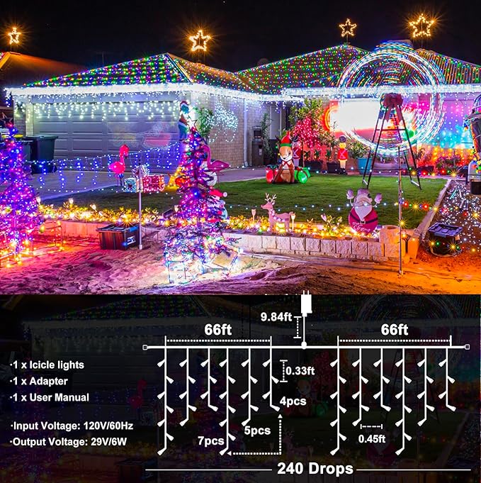 White Christmas Lights Outdoor Waterproof 132 ft 1280 LED Icicle Lights for Outside Plug in 8 Modes Timer Twinkle Lights for House Patio Xmas Porch Tree Yard Exterior Decorations