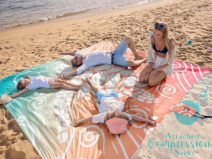 WEKAPO Beach Blanket Waterproof Sandproof Oversized Extra Large Sand Free Beach Mat with Stakes Storage Bag - Essentials for Outdoor Beach Picnic (Sea Turtle 11 X 9 FT (1~10 Person))
