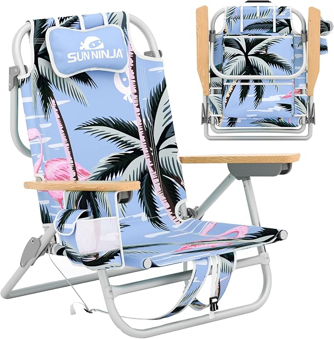 SUN NINJA Folding Beach Chair with Headrest Pillow Low Profile Lightweight Easy Carry Beach Chair for Adults Comfortable Wooden Armrests Stylish Fabric Seat Patterns - Flamingo 1pc
