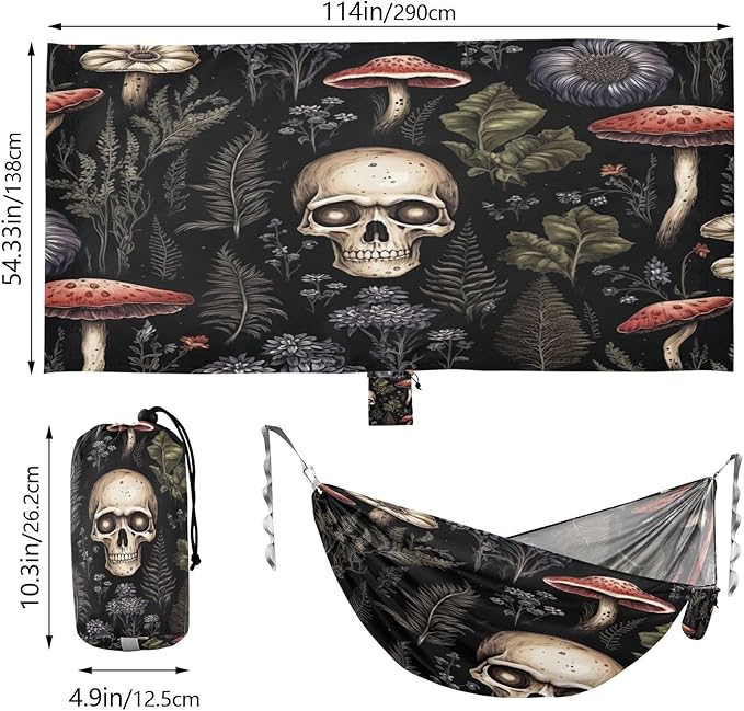 Skull and Mushroom Camping Hammock 330 lbs with 2 Tree Straps Carry Bag Single Portable Hammock for Outdoor/Indoor Hiking Beach Backpacking Travel