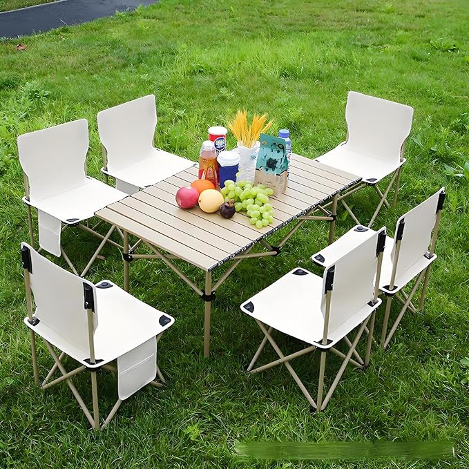7 Piece Foldable Camping Chairs and Table Set Portable Picnic Table with 6 Chairs Side Pockets &amp Carrying Bag Outdoor Lightweight Table Chair Set for Hiking RV TravelYellow