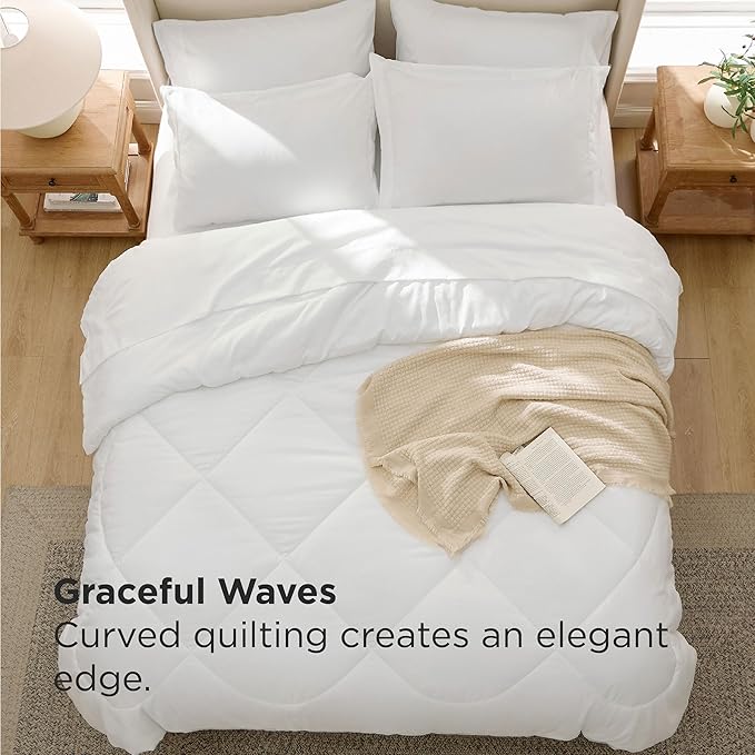 Bedsure 7 Pieces Full Comforter Set Premium Series Hotel Luxury Soft Bed in a Bag Goose Down Alternative Safe for Sensitive Skin Bedding Comforter All Season Medium Warmth White Wavy Quilted