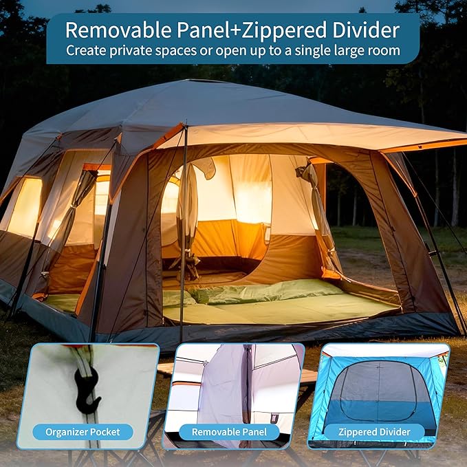 Large Family Standing Upright Camping Tent - 5-12 Persons Multi-Room Waterproof Tent with Screened Porch - Glamping Tent for Outdoor Camping &amp Family Vacation