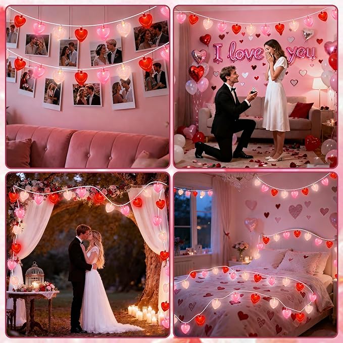 20 LED Valentine's Day Decorations Heart Lights 12Ft Heart String Lights Outdoor Waterproof with 20 LED Red Pink White Hearts Shaped with Glitter for Room Door Windows Fence Valentines Day Decor