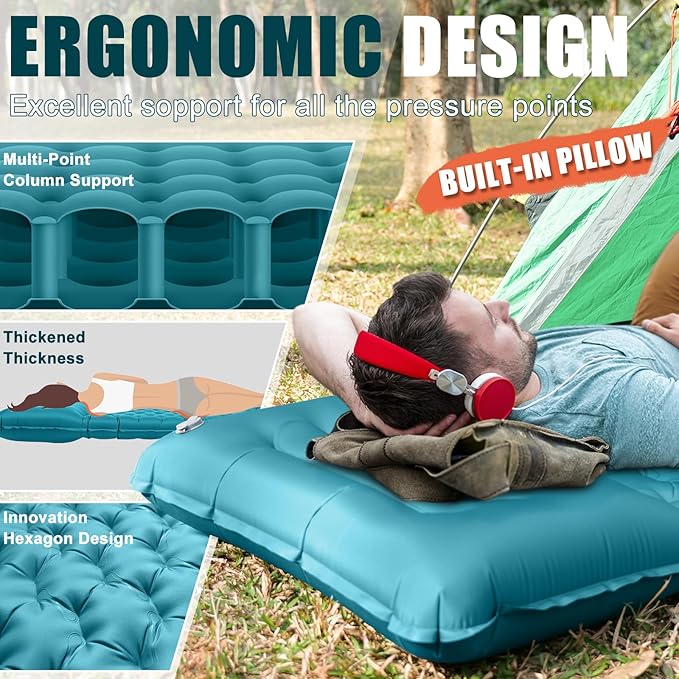 Inflatable Camping Sleeping Pad with Pillow Extra Thickness 4 Inch Sleeping Mat with Built-in Pump Compact &amp Ultralight Camping Air Mattress for Backpacking Hiking Tent Traveling