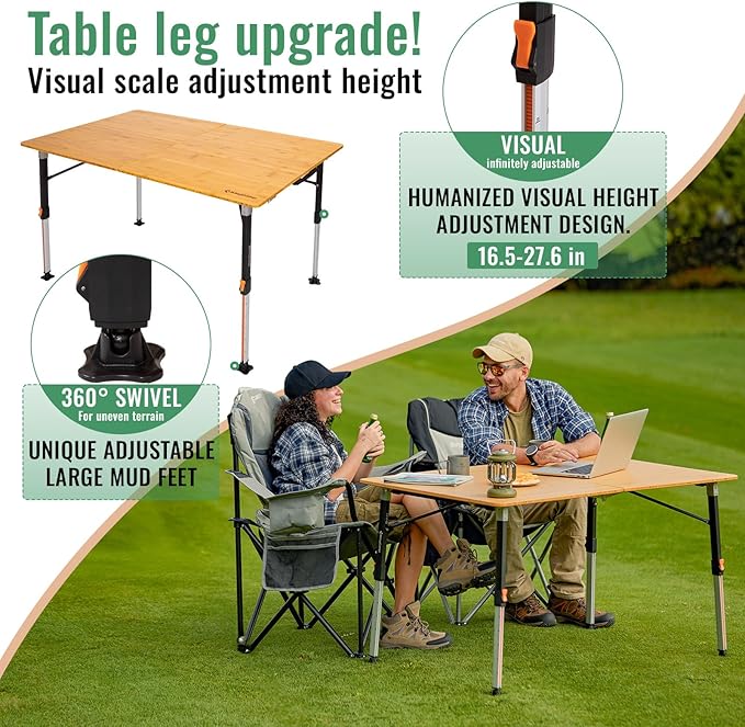KingCamp Bamboo Folding Table 4-Fold Camping Adjustable Height Portable Outdoor Lightweight &amp Compact Table with Aluminum Frame for RV Picnic BBQ Tailgating