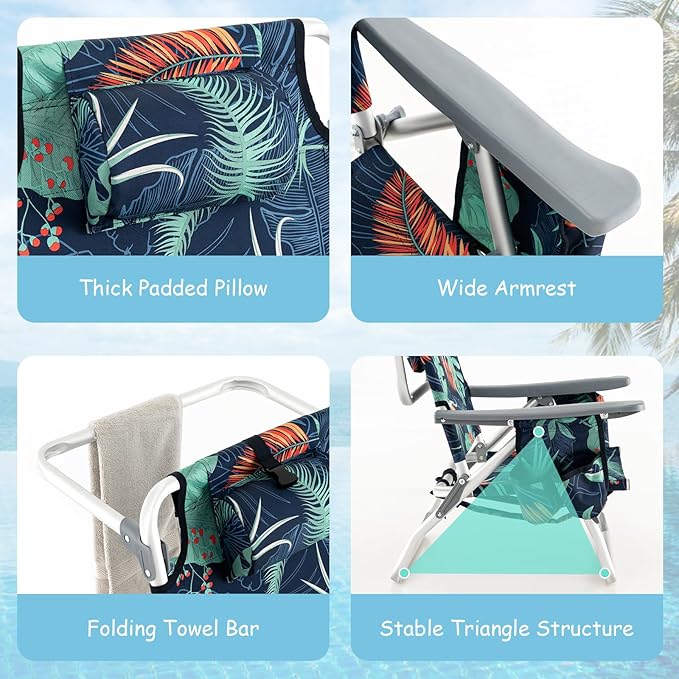 COSTWAY Backpack Beach Chairs Set 3-Piece Portable Camping Chairs with Cup Holder Ice Bag 5-Position Outdoor Reclining Chairs for Adults Travel Sunbathing Support 300 LBS Palm Tree Green