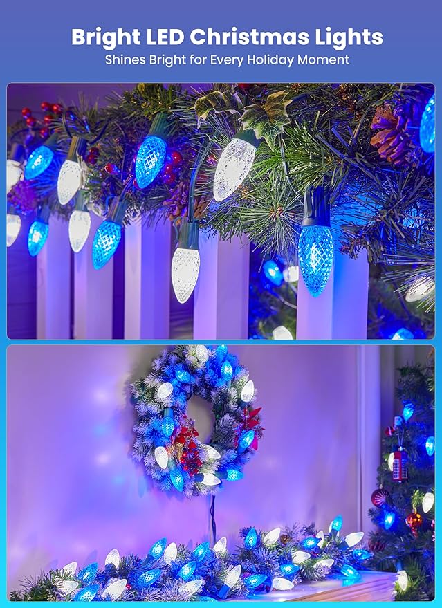 Christmas Pathway Lights Outdoor 2 Pack 26 Ft 20 LED C9 Strawberry String Lights with Stakes Connectable Waterproof Outside Christmas Lights Marker for Path Lane Patio Decor Blue &amp Pure White