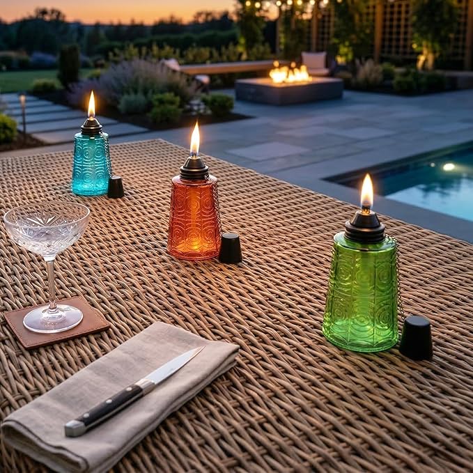 Seraphic Citronella Table Top Torches for Outdoor Patio 16oz Decorative Glass Torch Citronella Candles for Outside Deck Garden Parties Set of 3 Blue/Amber/Green