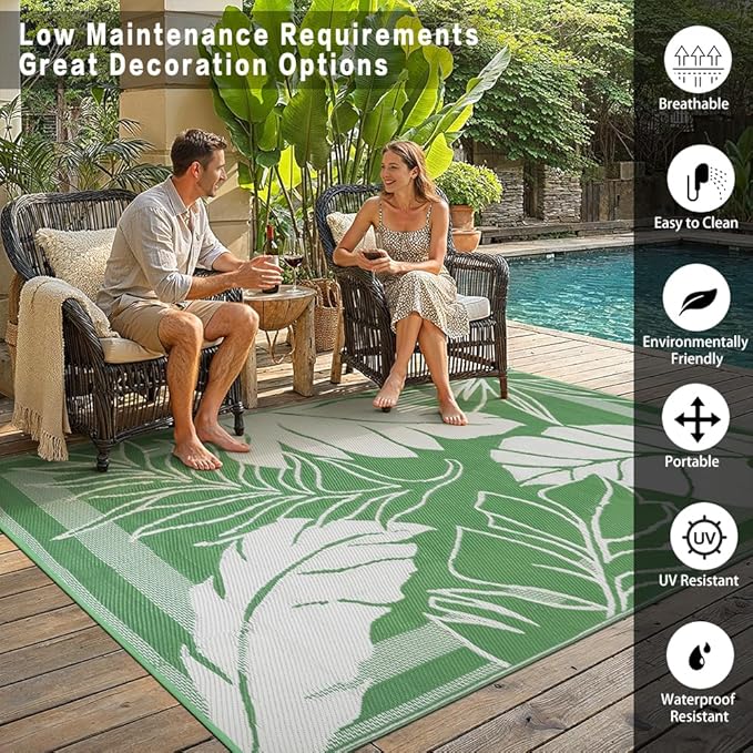 HUGEAR 8'x10' Outdoor Rug Waterproof Plastic Straw Rugs Large Green Reversible Olive Leaf Mat Floor Carpet for Camping RV Deck Entryance Porch Picnic Balcony Beach Backyard