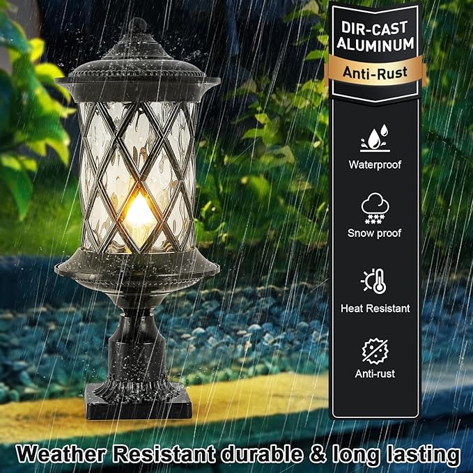 Industrial Exterior Lamp Post Lighting Fixture Waterproof Post Light Outdoor with 3-Inch Pier Mount Base Water Glass Lampshade 60W E26 Retro Outdoor Pillar Light for Yard Porch Patio