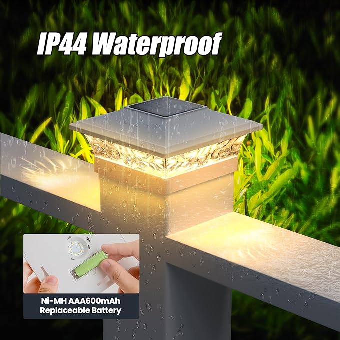 APONUO Solar Post Cap Lights 6 Pack for 4x4 5x5 6x6 Wood &amp Vinyl Fences - IP65 Waterproof All-Night Auto On/Off Warm/Cool White Light Outdoor Deck Patio Garden (White)
