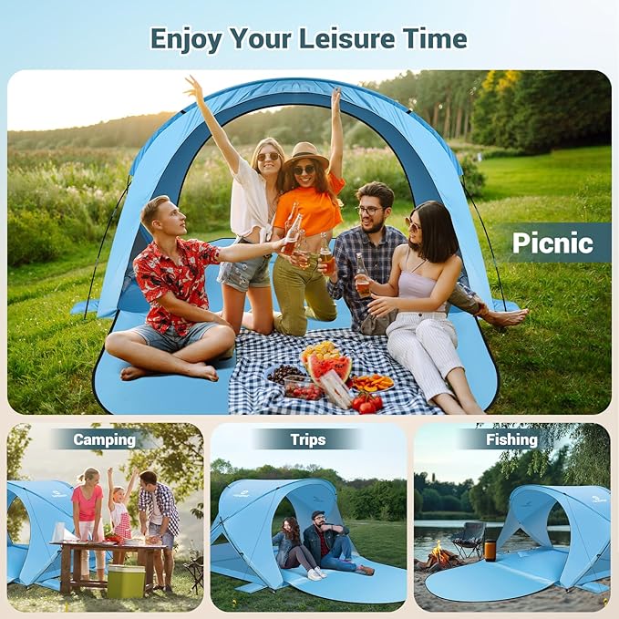 Beach Tent Sun Shelter Beach Tent with Beach Mat Set 4 Person Portable Beach Shade Canopy with UPF 50＋ UV Protection Dual-Door Ventilation Design Easy Setup Family Beach Umbrella (Blue)