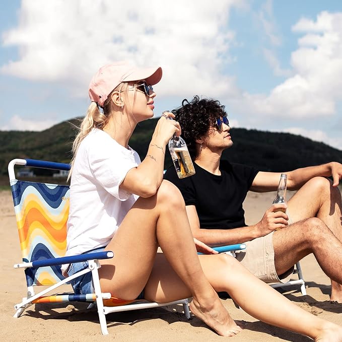 SunnyFeel Low Folding Beach Chair for Adults Lightweight Beach Chair Portable Camping Sand Chairs with Hard Armrest Supports 300lbs for Beach Lawn Concert