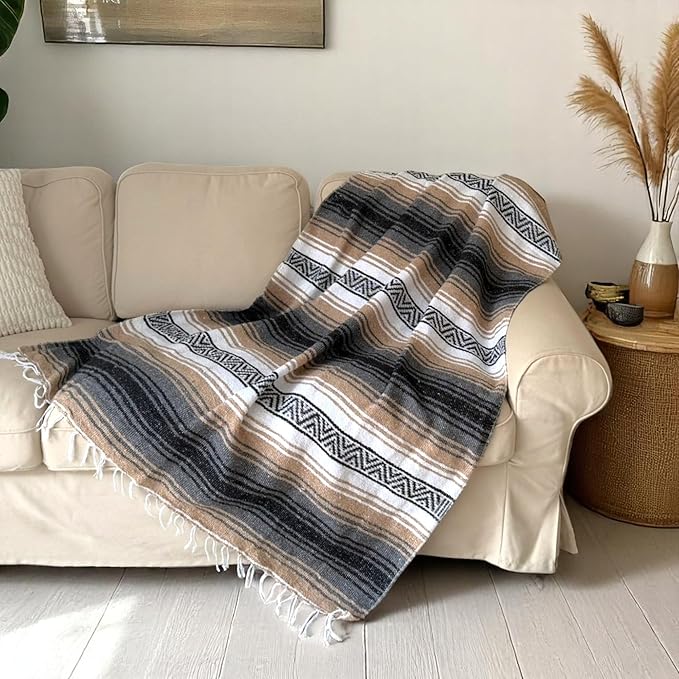 Authentic Handwoven Mexican Blanket Falsa Serape - Soft &amp Durable - Vibrant Beach Picnic Yoga &amp Camping Mat - Traditional Boho Throw - Outdoor Blanket 70x50 (Haze)