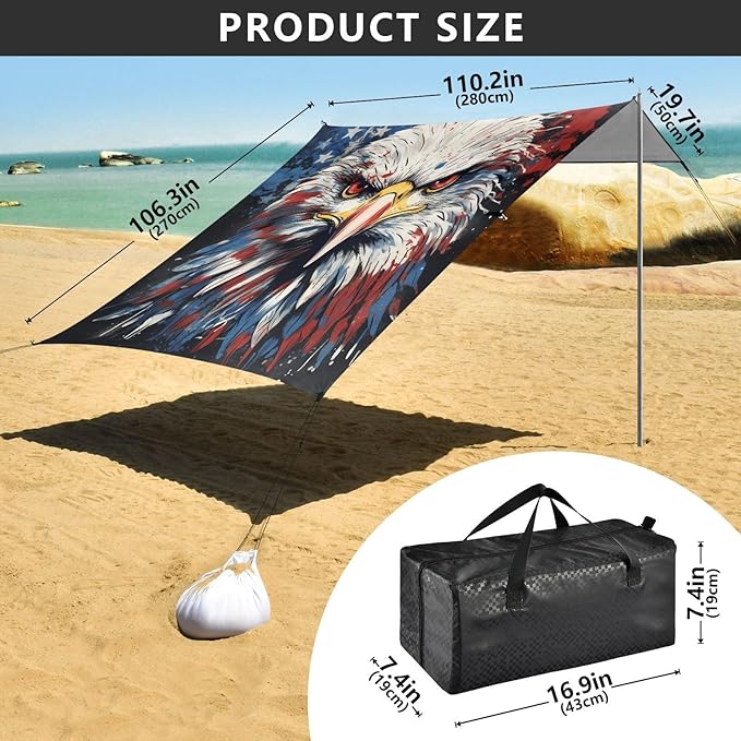 ALAZA American Flag Eagle Head Beach Tent Sun Shelter UPF50+ Protection Beach Shade Canopy w/ 4 Sandbags for Outdoor Camping Fishing Backyard Fun Picnic 10x9 ft