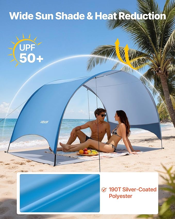 VEVOR Beach Tent Sun Shelter for 3 Person UPF 50+ Portable Sun Shade Beach with Carrying Bag &amp Ground Stakes Lightweight and Easy Setup Beach Umbrella for Camping Fishing Outdoor Picnic