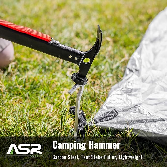 ASR Outdoor 13oz Carbon Steel Camping Hammer with Tent Stake Puller Hand Tool 12 Inch
