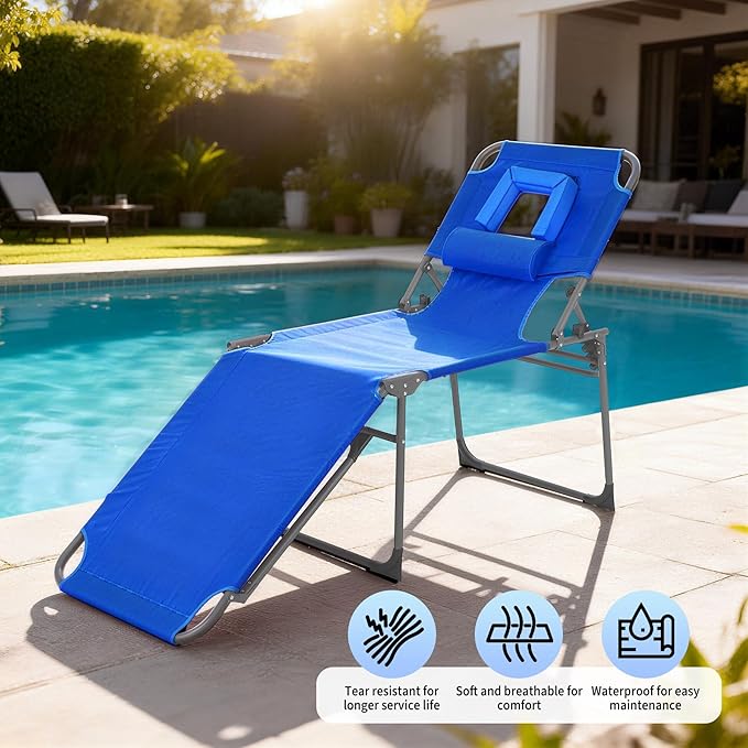 Tanning Chair with Face Hole Folding Beach Lounge Chair5-Position Adjustable Backrest Pillow &amp Side PocketPortable Face Down Chaise Lounge for Outdoor Backyard PoolsideBeach PatioBlue