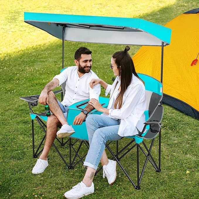 Tangkula Loveseat Camping Chair with Adjustable Shade Canopy Portable Beach Chair with Cooler Bag 2 Cup Holders Carrying Bag Foldable Double Lawn Chair for Travel Fishing Picnic (Navy)