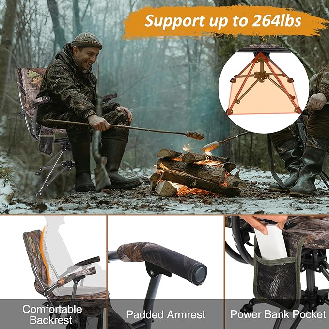 REDCAMP 360° Swivel Heated Hunting Chairs for Ground Blinds Portable Folding Camo Camping Chairs for Adults Hunting Seats with Hard Arms for Fishing Camping(No Power Bank)