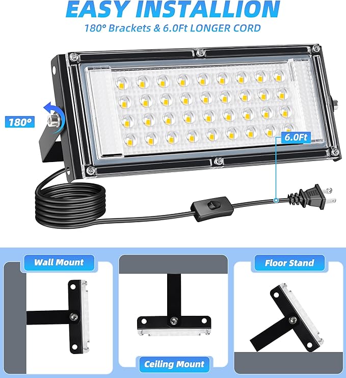30W Flood Light Outdoor with Plug 3600LM Exterior Security Lights with 6ft Cable 5000K Daylight White LED Work Light IP66 Waterproof Exterior Floodlight for Yard Garage Stadium Garden patio 2 Pack