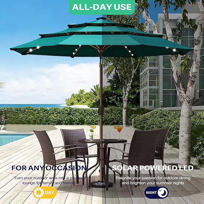 EliteShade USA 10-Year-Non-Fading 10Ft 3 Layers Market Umbrella with 80 LED Lights Patio Umbrella Outdoor Table Umbrella with Ventilation(Teal)