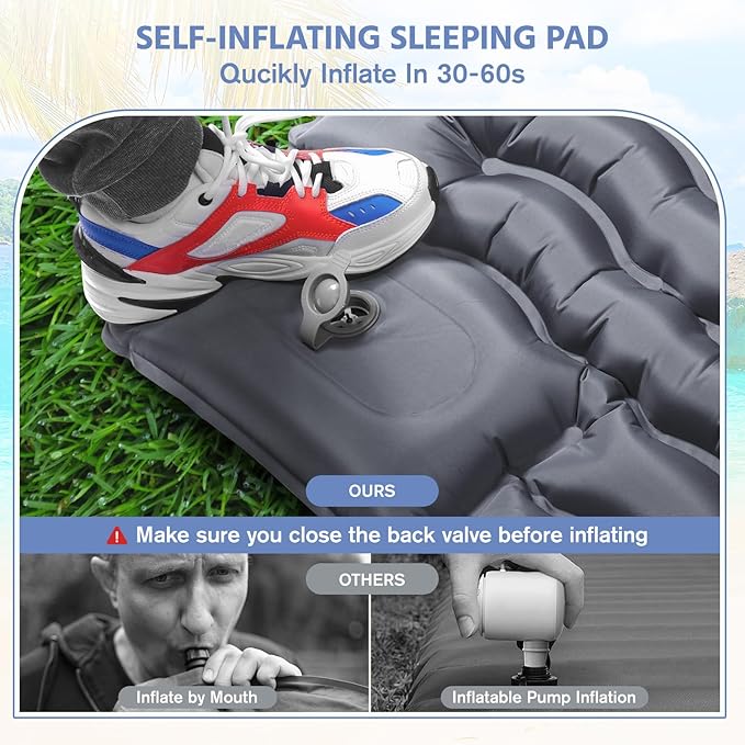 Sleeping Pad for Camping -Ultralight Inflatable Sleeping Mat with Pillow Built-in Foot Pump Compact &amp Lightweight Camping Mattress Pad for Camp Backpacking Hiking Travel Tent (Grey)