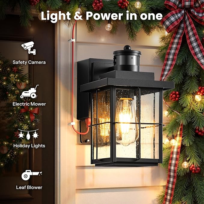 Gleamz Motion Sensor Outdoor Wall Light Black Porch Light with GFCI Outlet Waterproof Outdoor Light Fixture with Outlet Front Door Light with Seeded Glass Exterior Wall Lantern for Garage Patio
