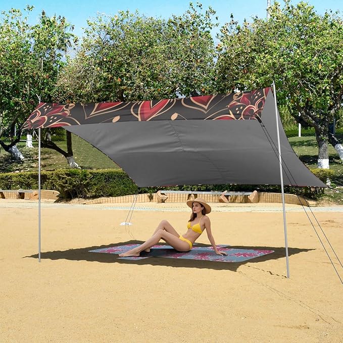 Brown Red Mandala Beach Tent Sun Shelter 9.2' x 10.5' Beach Canopy with 4 Sandbags 4 Stability Poles Sand Shovels - Tent Canopy for Beach Camping Fishing Picnics