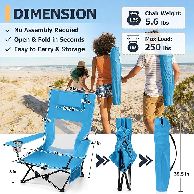 Joyfair 2 Pack Beach Chair Camping Chairs Set(High Back) Heavy Duty Folding Low Lawn Camp Chair for Adults for Outdoor Sport Fishing Armrest Chair with Portable Bag Pillow Cup Holder (Blue)