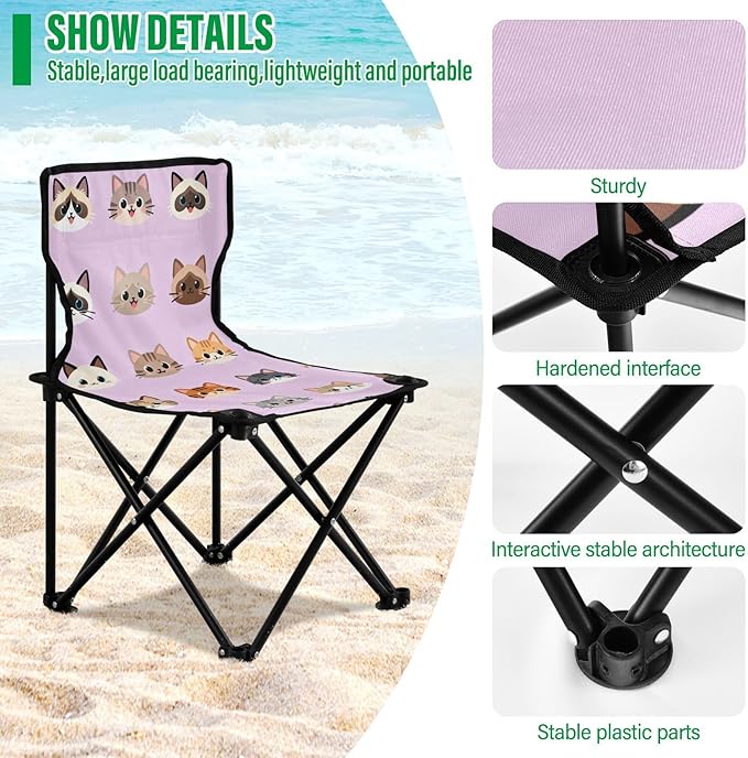 Portable Backpacking Camp Chair Cat Faces Foldable Chairs Carry Bag Included Outdoor for Indoor