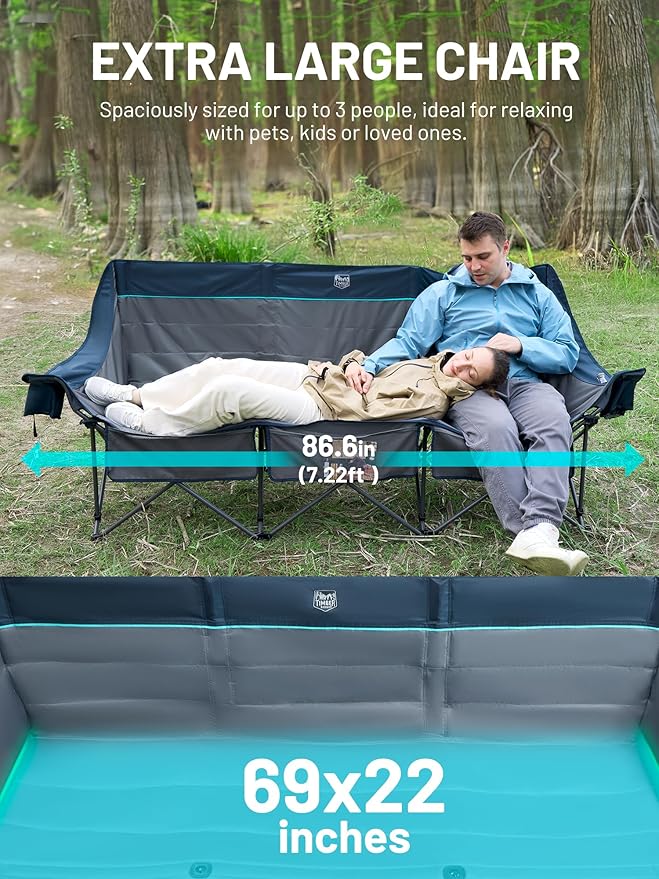 Timber Ridge 3 Person Camping Chair with Cup Holders and Pockets Outdoor Folding Loveseat Camping Chairs 1050lbs Capacity Heavy Duty Camp Couch for Outside Picnic Beach Lawn Sports Blue