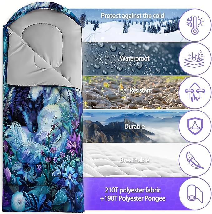 Sleeping Bags for Adults and Kids3D Printing Camping Sleeping Bag for Girls Boys Lightweight Waterproof Cold/Warm 3-SeasonOutdoor Travel with Compression Bags