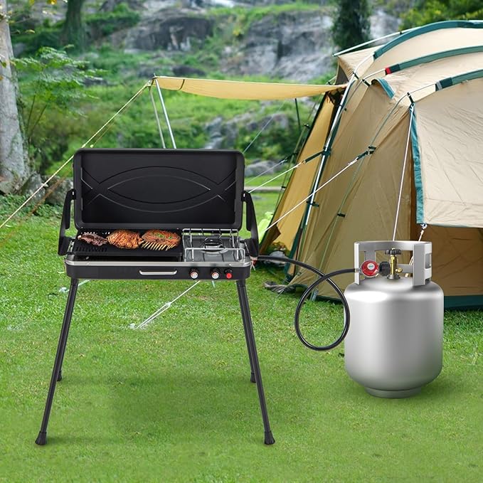 Giantex 2-in-1 Gas Camping Grill and Stove Portable Propane Grill Burner with Dual Control Knobs Detachable Legs 3-Sided Wind Screen Gas Hose with Regulator 20000 Total BTUs (Black)