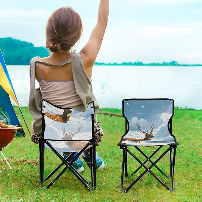 Elk Snowy Mountains Portable Camping Chairs Folding Chair - Durable Oxford Fabric Lightweight Iron Frame Easy Fold Design - Ideal for Outdoor Activities Camping Fishing and Travel