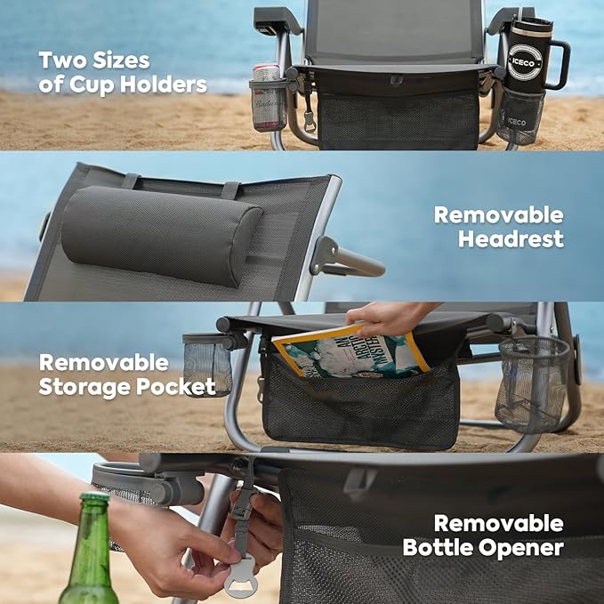 ICECO Bora High Back Beach Chairs for Adults 5 Positions Reclining Beach Chair with Headrests Folding Beach Chair with Cup Holder &amp Storage Bag for Beach Pool Patio Capacity 500lbs
