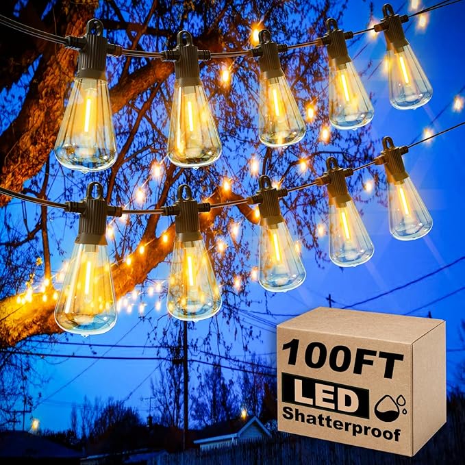 100FT Outdoor String Lights LED Patio Lights with 50+3 ST38 Vintage Edison Shatterproof Bulbs IP65 Weatherproof Outside Hanging Lights for Backyard Bistro Cafe Garden(50FTx2)