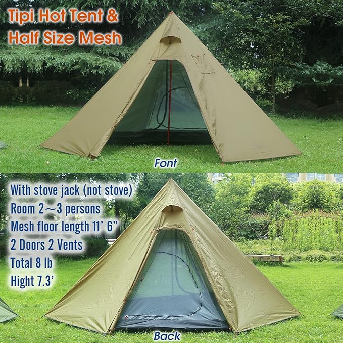 4 Persons 5lb Lightweight Tipi Hot Tents with Stove Jack 7'3 Standing Room Teepee Tent for Hunting Family Team Backpacking Camping Hiking