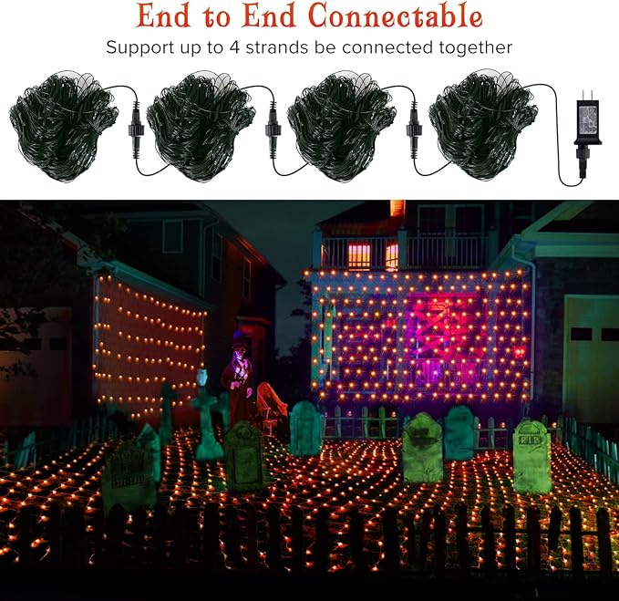 BlcTec Halloween Lights 200 LED 8.4ft x 5.2ft Orange Net Lights with 8 Modes UL Certified Timer Connectable Waterproof Dark Green Wire for Trees Bushes Shrub Lawn Halloween Decorations Outdoor