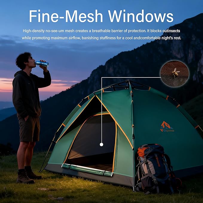 Quick Set Up Waterproof 4-Person Camping Tent with Bug Netting - Instant Pop-Up Tent for Family Camping &amp Hiking | All-Weather 4-Season Outdoor Shelter