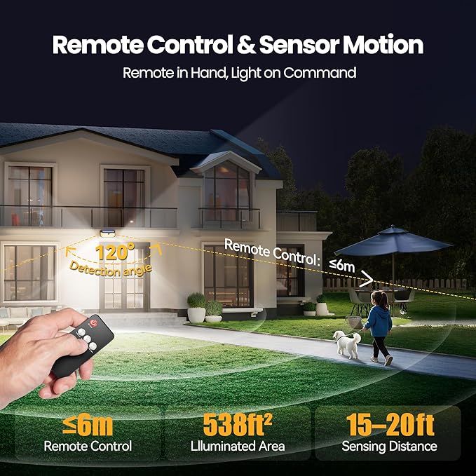 TECKNET 546 LEDs Motion Sensor Outdoor Lights with Remote Control &amp Hook7500LM Solar Lights Outdoor with 2200mAh &amp IP66 Waterproof 300° Angle &amp 3 Modes Solar Lights for Patio Fence Gara