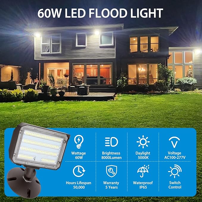 60W LED Flood Light Outdoor Knuckle Switch Controlled Floodlight with Plate5000K 8000Lm IP65 Waterproof Outdoor Security Lights for Yard Garden GarageETL Listed