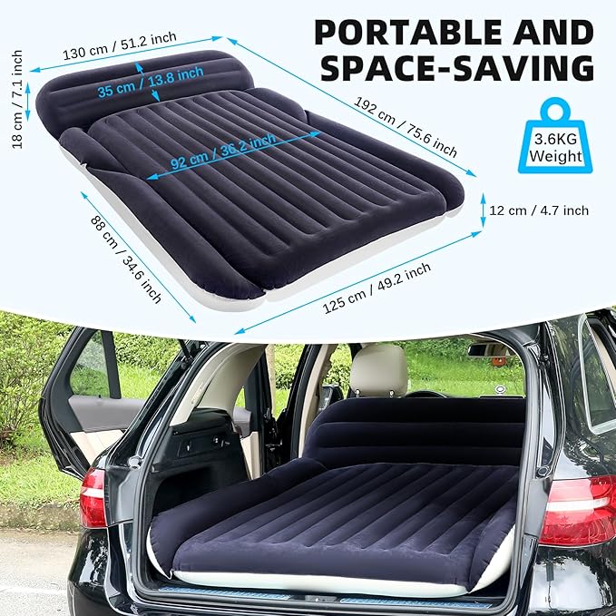 KMZ SUV Air Mattress with 2 Pillows – Thickened and Flocked Car Bed – Portable Travel Pad for Camping &amp Road Trips – Quick Inflate &amp Deflate with External Pump – Navy Blue+Light Gray